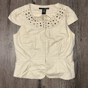 Willi Smith Natural Cotton Stretch Short Sleeve Jacket w Studded Neckline 4 NWOT